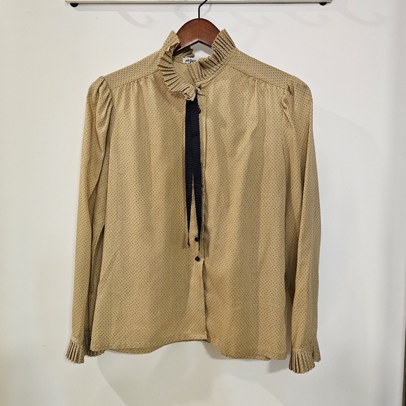 VTG | Live From NY Frill Neck Pleated Shoulder Tie Ribbon Long Sleeve Blouse - Picture 2 of 2